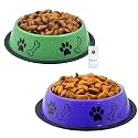Foodie Puppies Stainless Steel Dog Bowl Combo (Medium, 700ml, Green + Purple) | Anti-Skid Rubber Base, Paw Bone Print, Food and Water Feeding Bowl for Small to Medium Dogs | Gift for Dogs