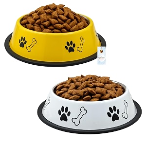 foodie puppies stainless steel dog bowl combo - medium 700ml food and water feeding gift bowl  suitable for dogs cats and other pets i paw bone print anti-skid rubber base white  yellow