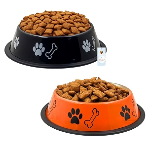foodie puppies stainless steel dog bowl combo - medium 700ml food and water feeding gift bowl  suitable for dogs cats and other pets i paw bone print anti-skid rubber base black  orange