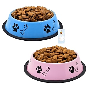 foodie puppies stainless steel dog bowl combo - medium 700ml food and water feeding gift bowl  suitable for dogs cats and other pets i paw bone print anti-skid rubber base pink  sky blue