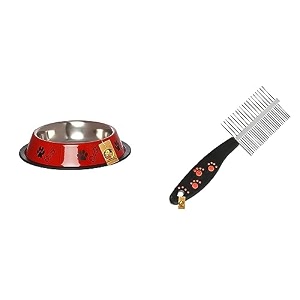 foodie puppies stainless steel paw bone printed bowl- 700ml medium redamp double side steel needles comb for dogs and cats - paw dual comb