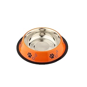 foodie puppies stainless steel pet feeding paw amp bone print bowl - 450ml fiery orange - small for small dogs amp puppies  foodwater feeding anti-slipskid rubber base bowl  non-toxic amp 100 safe
