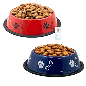 foodie puppies stainless steel dog bowl combo - medium 700ml food and water feeding gift bowl  suitable for dogs cats and other pets i paw bone print anti-skid rubber base red  blue