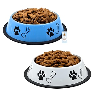 foodie puppies stainless steel dog bowl combo - medium 700ml food and water feeding gift bowl  suitable for dogs cats and other pets i paw bone print anti-skid rubber base white  sky blue