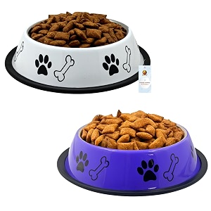 foodie puppies stainless steel dog bowl combo - medium 700ml food and water feeding gift bowl  suitable for dogs cats and other pets i paw bone print anti-skid rubber base purple  white