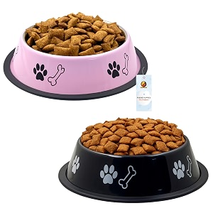 foodie puppies stainless steel dog bowl combo - medium 700ml food and water feeding gift bowl  suitable for dogs cats and other pets i paw bone print anti-skid rubber base pink  black