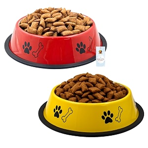 foodie puppies stainless steel dog bowl combo - medium 700ml food and water feeding gift bowl  suitable for dogs cats and other pets i paw bone print anti-skid rubber base red  yellow