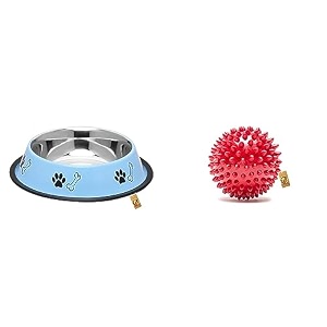 foodie puppies stainless steel paw bone printed bowl- 700ml medium sky blueamp natural rubber spike ball - 25inch 635cm