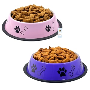 foodie puppies stainless steel dog bowl combo - medium 700ml food and water feeding gift bowl  suitable for dogs cats and other pets i paw bone print anti-skid rubber base pink  purple