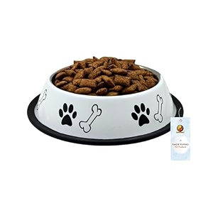 foodie puppies stainless steel paw bone printed bowl for dogs cats amp any pets - 1800ml large royal white i non-skid rubber bottom foodwater bowl i non-toxic amp 100 safe for pets