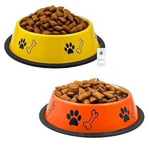 foodie puppies stainless steel dog bowl combo - medium 700ml food and water feeding gift bowl  suitable for dogs cats and other pets i paw bone print anti-skid rubber base yellow  orange