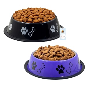 foodie puppies stainless steel dog bowl combo - medium 700ml food and water feeding gift bowl  suitable for dogs cats and other pets i paw bone print anti-skid rubber base black  purple