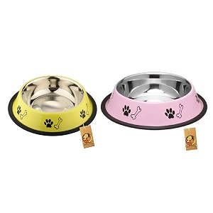 foodie puppies stainless steel dog bowl combo - medium 700ml food and water feeding gift bowl  suitable for dogs cats and other pets i paw bone print anti-skid rubber base pink  yellow