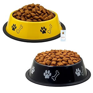 foodie puppies stainless steel dog bowl combo - medium 700ml food and water feeding gift bowl  suitable for dogs cats and other pets i paw bone print anti-skid rubber base black  yellow