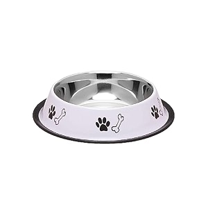 foodie puppies stainless steel pet feeding paw amp bone print bowl - 450ml royal white - small for small dogs amp puppies  foodwater feeding anti-slipskid rubber base bowl  non-toxic amp 100 safe