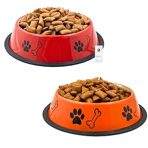 foodie puppies stainless steel dog bowl combo - medium 700ml food and water feeding gift bowl  suitable for dogs cats and other pets i paw bone print anti-skid rubber base red  orange