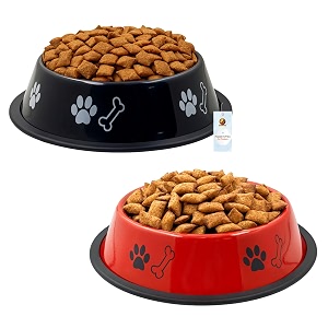 foodie puppies stainless steel dog bowl combo - medium 700ml food and water feeding gift bowl  suitable for dogs cats and other pets i paw bone print anti-skid rubber base black  red