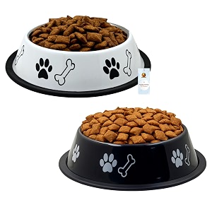 foodie puppies stainless steel dog bowl combo - medium 700ml food and water feeding gift bowl  suitable for dogs cats and other pets i paw bone print anti-skid rubber base white  black