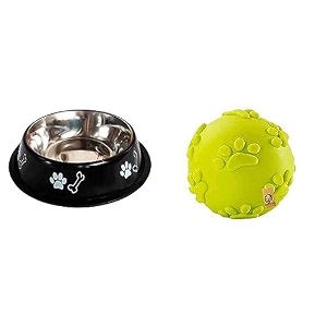 foodie puppies stainless steel paw bone printed bowl- 700ml night blackamp natural latex rubber squeaky ball dog toy - claw ball claw