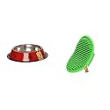 Foodie Puppies Stainless Steel Paw Bone Printed Bowl- 700ml, Medium (Red)&amp; Pet Massage Rubber Bath Glove