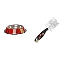 Foodie Puppies Stainless Steel Paw Bone Printed Bowl- 700ml, Medium (Red)&amp; Double Side Steel Needles Comb for Dogs and Cats - (Paw Dual Comb)
