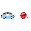 Foodie Puppies Stainless Steel Paw Bone Printed Bowl- 700ml, Medium (Sky Blue)&amp; Natural Rubber Spike Ball - 2.5inch/ 6.35cm