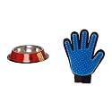 Foodie Puppies Stainless Steel Paw Bone Printed Bowl- 700ml, Medium (Red)&amp; Pet Hair Remover Massage Tool (True Touch Glove)