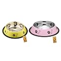Foodie Puppies Stainless Steel Dog Bowl Combo - (Medium, 700ml) Food and Water Feeding Gift Bowl | Suitable for Dogs, Cats and Other Pets I Paw Bone Print, Anti-Skid Rubber Base (Pink + Yellow)