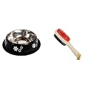 Foodie Puppies Stainless Steel Paw Bone Printed Bowl- 700ml, (Night Black)&amp; Double Sided Wooden Handle Double Sided Brush for Dogs(Soft Brush)