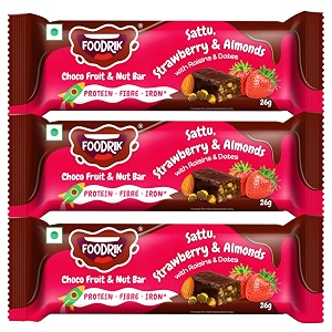 foodrik choco sattu energy snack bar  strawberry sattu almonds raisins amp dates  healthy amp tasty daily snack for kids amp families  provides protein fibre amp iron  no preservatives 3 bars