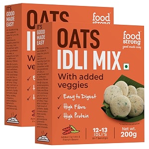 foodstrong oats idli mix high protein amp fibre easy to digest with added carrots amp french beans no preservatives ready to cook instant mix 200 g x pack of 2 makes 12-13 idlis per pack