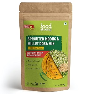 foodstrong sprouted moong instant chilladosa mix with the goodness of millets healthy delicious breakfast 22 g protein 5 g fibre easy to digest 150 g chilli chat