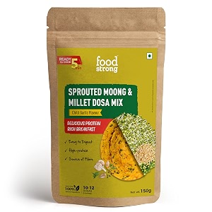 foodstrong sprouted moong instant chilladosa mix with the goodness of millets healthy delicious breakfast 22 g protein 5 g fibre easy to digest 150 g chilli garlic