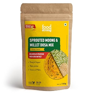 foodstrong sprouted moong instant chilladosa mix with the goodness of millets healthy delicious breakfast 22 g protein 5 g fibre easy to digest 150 g classic salted