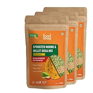 foodstrong sprouted moong instant chilladosa mix with the goodness of millets healthy delicious breakfast 21 g protein 5 g fibre easy to digest 150 g pack of 3 achari