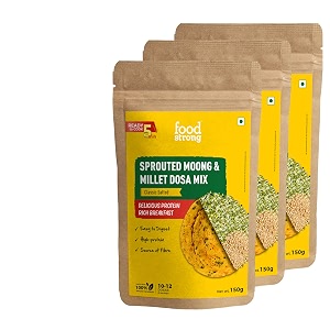 foodstrong sprouted moong instant chilladosa mix with the goodness of millets healthy delicious breakfast 22 g protein 5 g fibre easy to digest 150 g pack of 3 classic salted