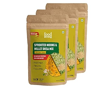 foodstrong sprouted moong instant chilladosa mix with the goodness of millets healthy delicious breakfast 22 g protein 5 g fibre easy to digest 150 g pack of 3 chilli garlic