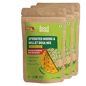 foodstrong sprouted moong instant chilladosa mix with the goodness of millets healthy delicious breakfast 22 g protein 5 g fibre easy to digest 150 g pack of 3 chilli chat