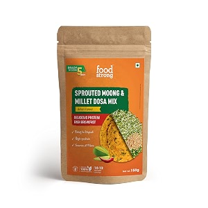 foodstrong sprouted moong instant chilladosa mix with the goodness of millets healthy delicious breakfast 22 g protein 5 g fibre easy to digest 150 g achari
