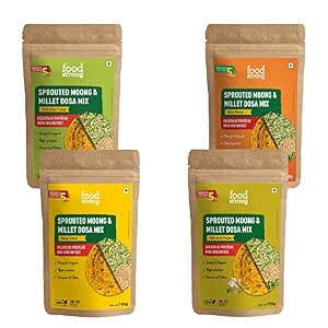 foodstrong sprouted moong instant chilladosa mix with the goodness of millets breakfast mix 55 g protein 12 g fibre combo pack of 4 150 g chilli chat chilli garlic classic salted amp achari