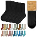 Foot Cardigan Organic Cotton Kids Socks, Non Slip Grip Crew, 5 Pairs Boys Girls Toddler to Teen Ages 2-14