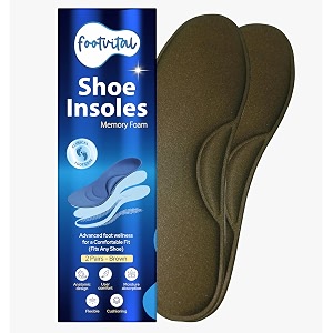 footvital memory foam shoe insoles for men and women  soft cushioned inserts for long standing and walking  supports heel and arch  shock absorbing  moisture absorbing  lightweight washable insoles for all shoes  2 pairs  brown  size 6