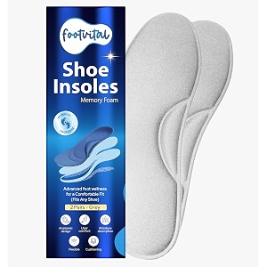 footvital memory foam shoe insoles for men and women  soft cushioned inserts for long standing and walking  supports heel and arch  shock absorbing  moisture absorbing  lightweight washable insoles for all shoes  2 pairs  grey  size 6