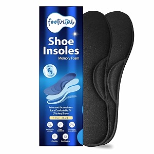 footvital memory foam shoe insoles for men and women  soft cushioned inserts for long standing and walking  supports heel and arch  shock absorbing  moisture absorbing  lightweight washable insoles for all shoes  2 pairs  black  size 8