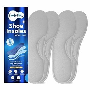 footvital memory foam shoe insoles for men and women  soft cushioned inserts for long standing and walking  supports heel and arch  shock absorbing  moisture absorbing  lightweight washable insoles for all shoes  2 pairs  grey  size 8