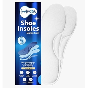 footvital memory foam shoe insoles for men and women  soft cushioned inserts for long standing and walking  supports heel and arch  shock absorbing  moisture absorbing  lightweight washable insoles for all shoes  2 pairs  white  size 6