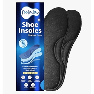 footvital memory foam shoe insoles for men and women  soft cushioned inserts for long standing and walking  supports heel and arch  shock absorbing  moisture absorbing  lightweight washable insoles for all shoes  2 pairs  black  size 6