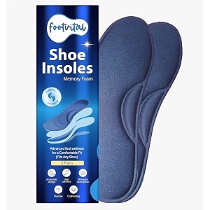 footvital memory foam shoe insoles for men and women  soft cushioned inserts for long standing and walking  supports heel and arch  shock absorbing  moisture absorbing  lightweight washable insoles for all shoes  2 pairs  blue  size 7