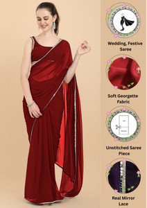 forkey solidplain self design embellished bollywood georgette saree red