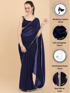 forkey solidplain self design embellished bollywood georgette saree dark blue
